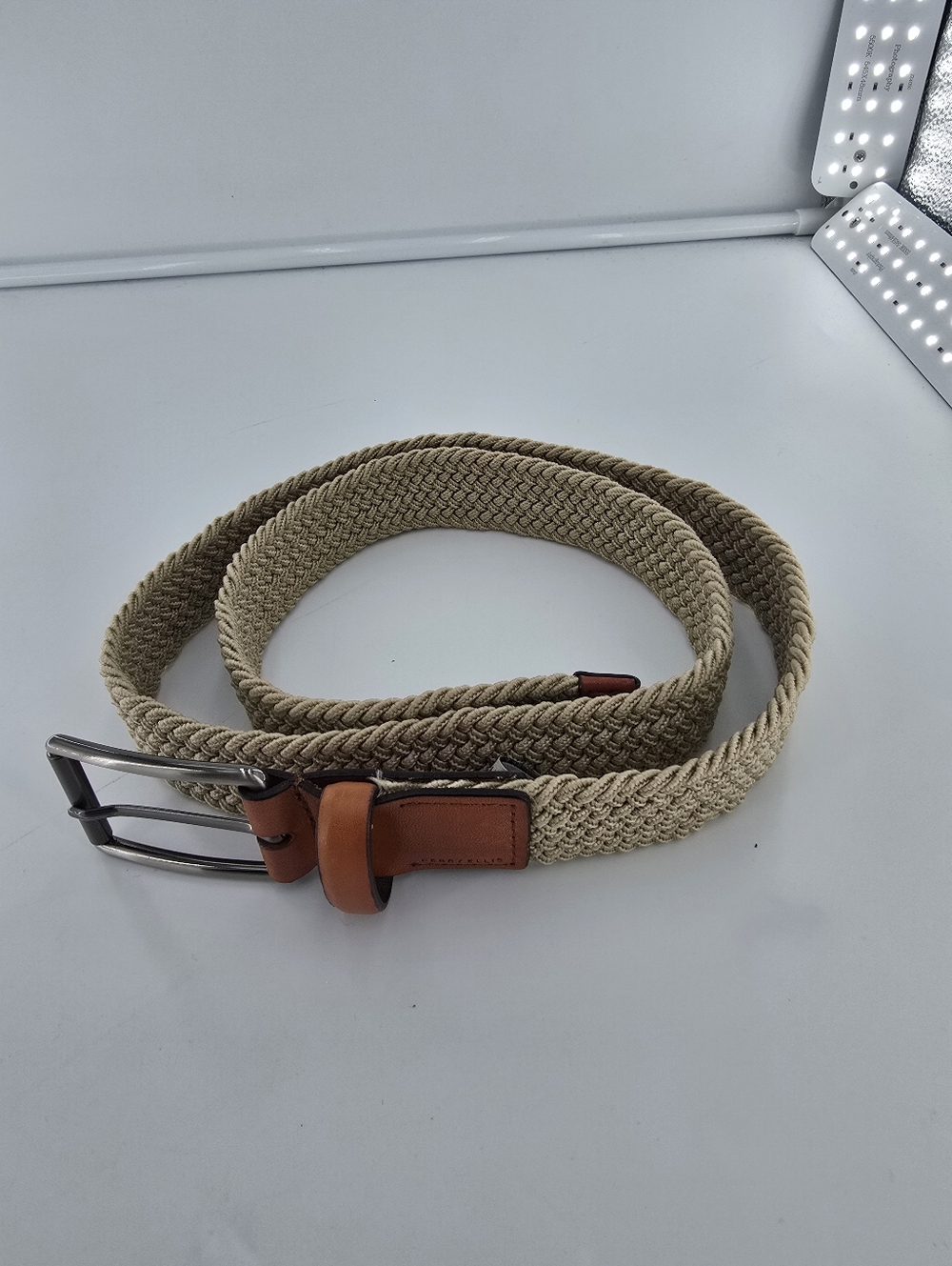 Perry Ellis Men's Woven Beige Elastic Belt with Leather Trim